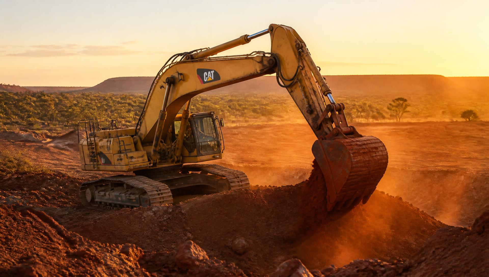 Excavator digging red earth on an Australian outback site at sunset